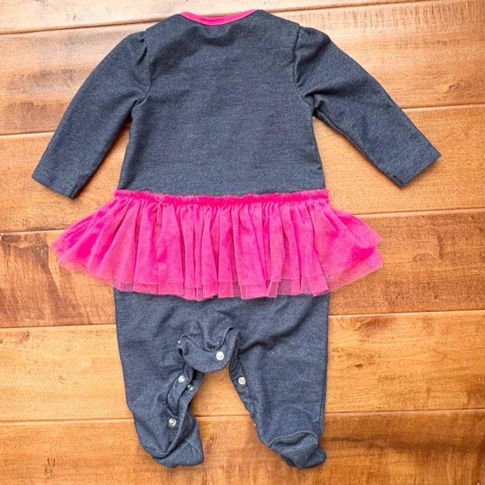 Guess Romper Tutu‎ Denim Look Logo Long Sleeve Girls 3-6M Blue Pink